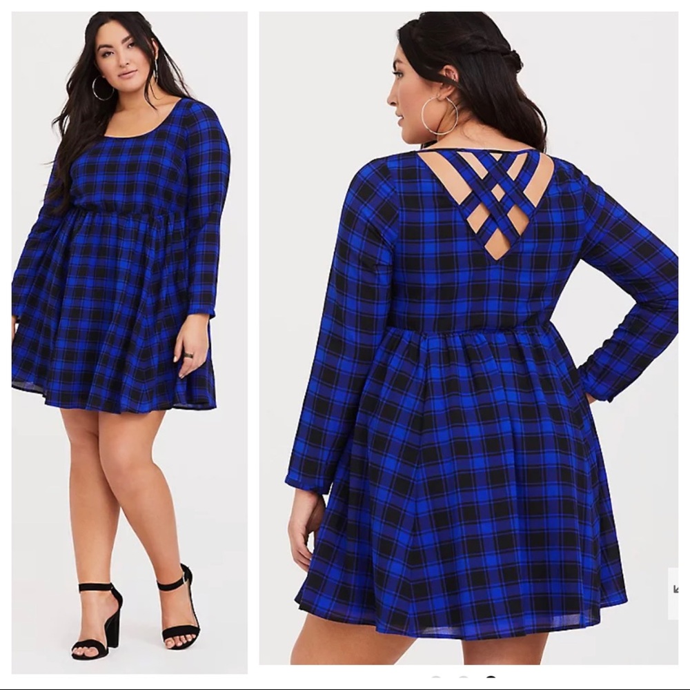 torrid Blue and Black Plaid Crisscross-Back Mini Dress